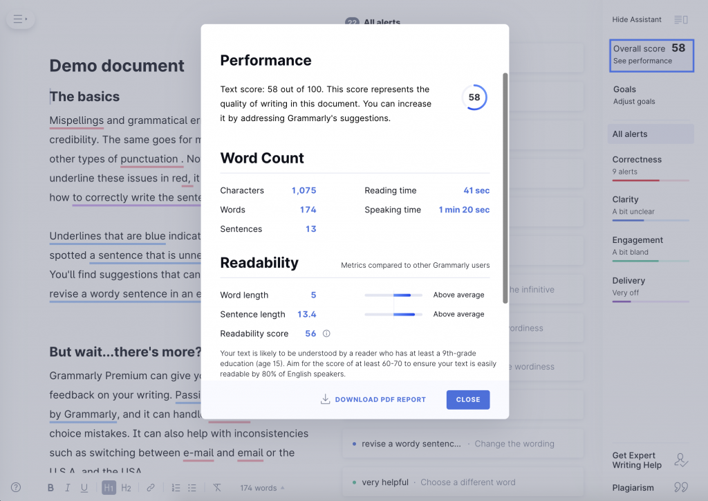 Screenshot of Grammarly writing assistant