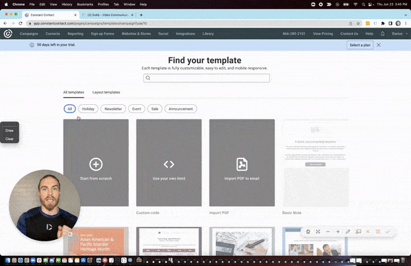 Darius Santos showing email creation options for the Constant Contact platform