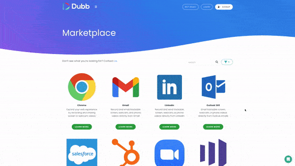 Scrolling down the Dubb Marketplace page with full list of Dubb integrations