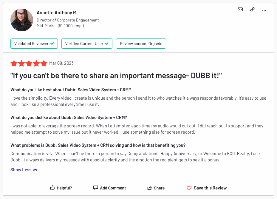 5-star review of a Dubb user on G2