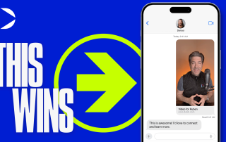 An image of an iPhone showing a personalized sales video sent to a prospect via SMS, and an arrow pointing to it with text that says "This wins"