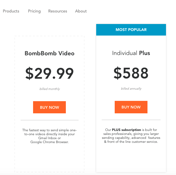 A screenshot of Bomb Bomb pricing