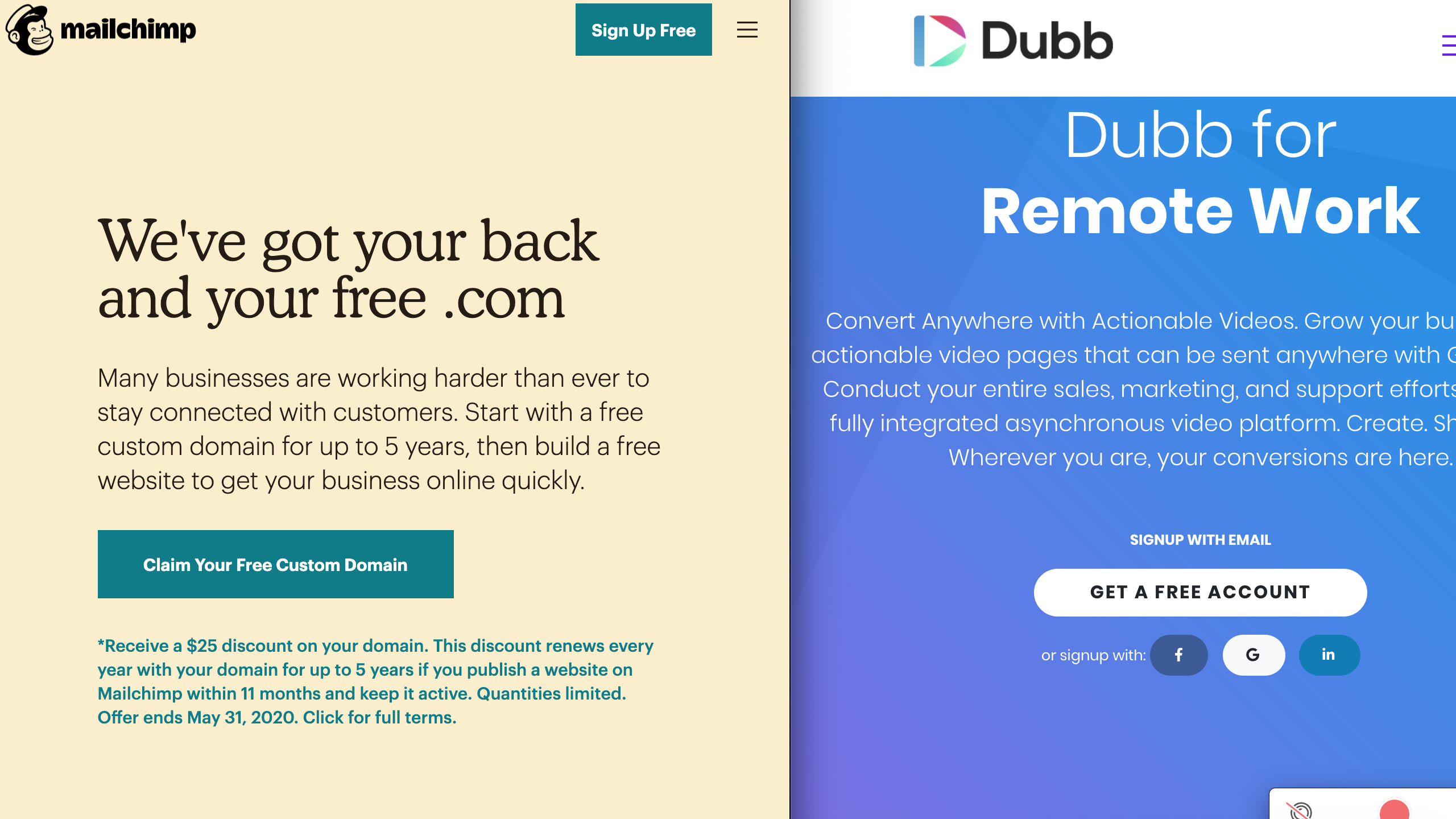 Mailchimp Homepage compared to Dubb Homepage