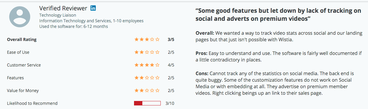 A screenshot of a Wistia review