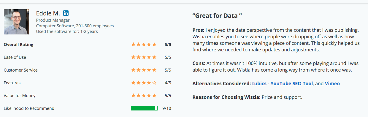A screenshot of a Wistia review