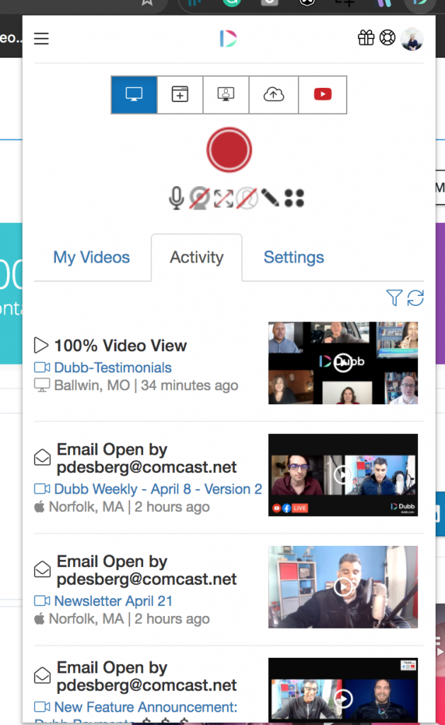 Dubb Chrome Extension My Activity