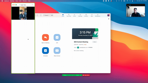 Playback of a pre-recorded video on a Zoom call using the Dubb Zoom app