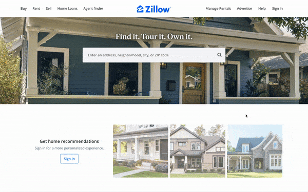 Scrolling down the Zillow home page