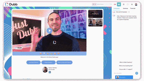 Dubb video landing page with calls-to-action, video playlist, calendar booking integration, and SIA (Sales Interactive Assistant)
